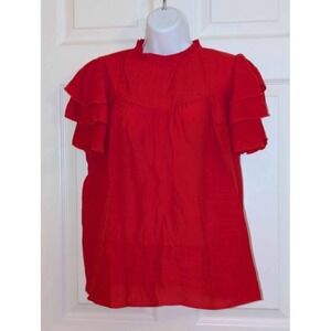Nanette Lepore Red Ruffle Sleeve Blouse Small Pleated Yoke Keyhole Back Top